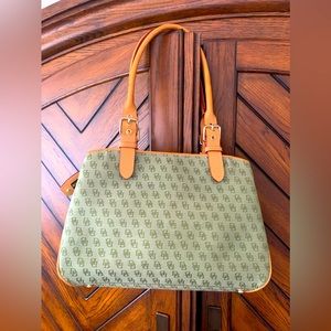 Dooney & Bourke green and tan signature canvas and leather shoulder purse